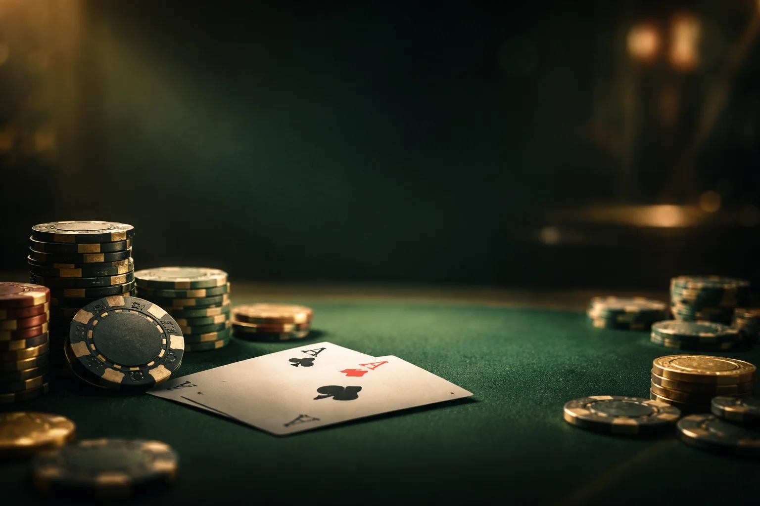 Poker chips and two aces on a green casino table with soft lighting and blurred background.